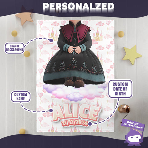 Personalized Fleece Baby Blanket – Princess Anna Style | Custom Name & Birthday Fairytale Background